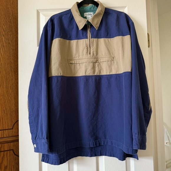 L.L. Bean V812 90s Long Sleeve Polo Shirt Men L Oversized Fisherman Navy Tan - Picture 1 of 13